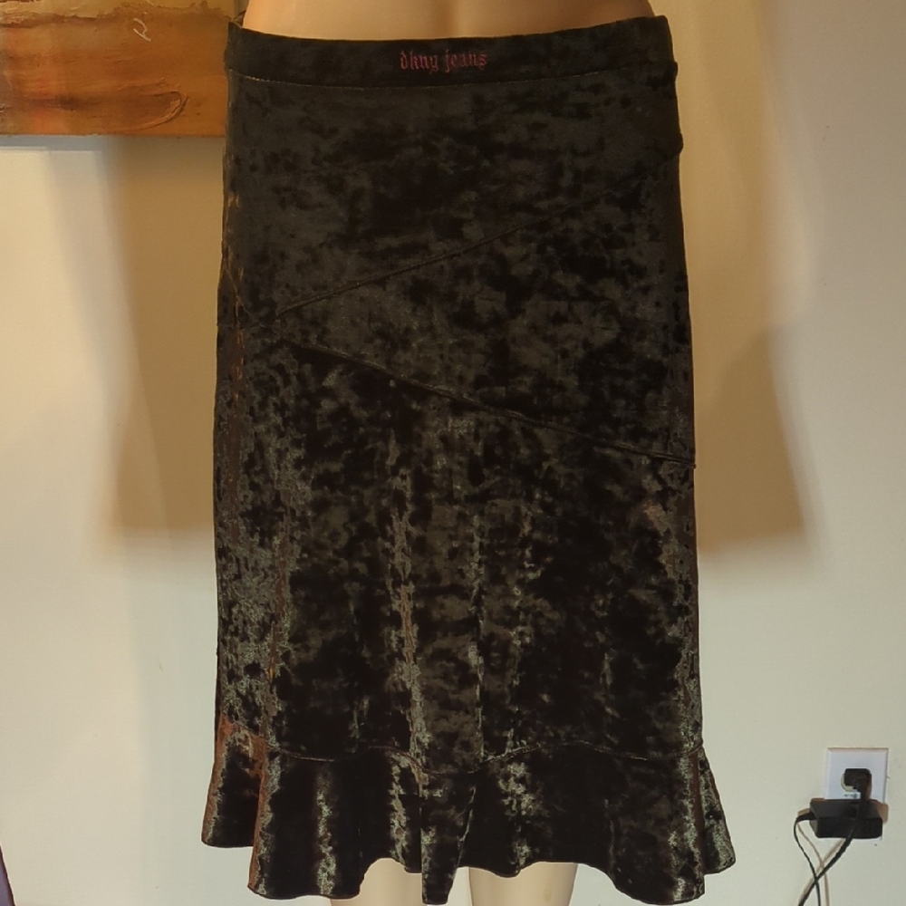 DKNY Velvet Ruffle-Hem Midi Skirt in Dark Brown ( Green, Black) I